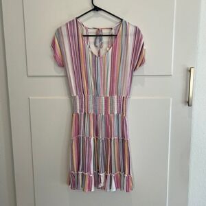 DDDY Striped Mini Dress Short Sleeve Smocked Waist Pink Yellow White Women Small